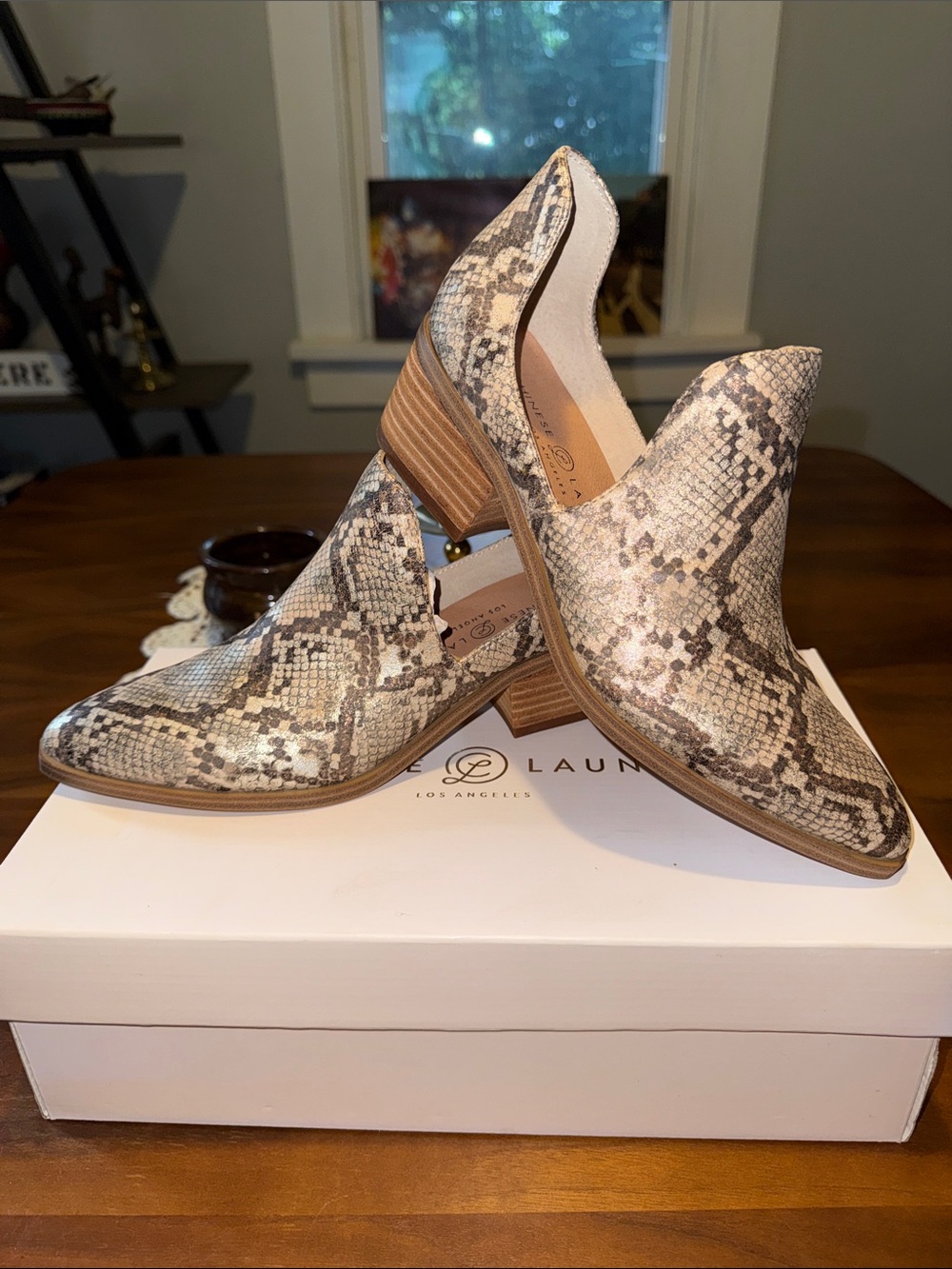 CL by Chinese Laundry Snake-Print Slip-On Mules in Brown and Cream